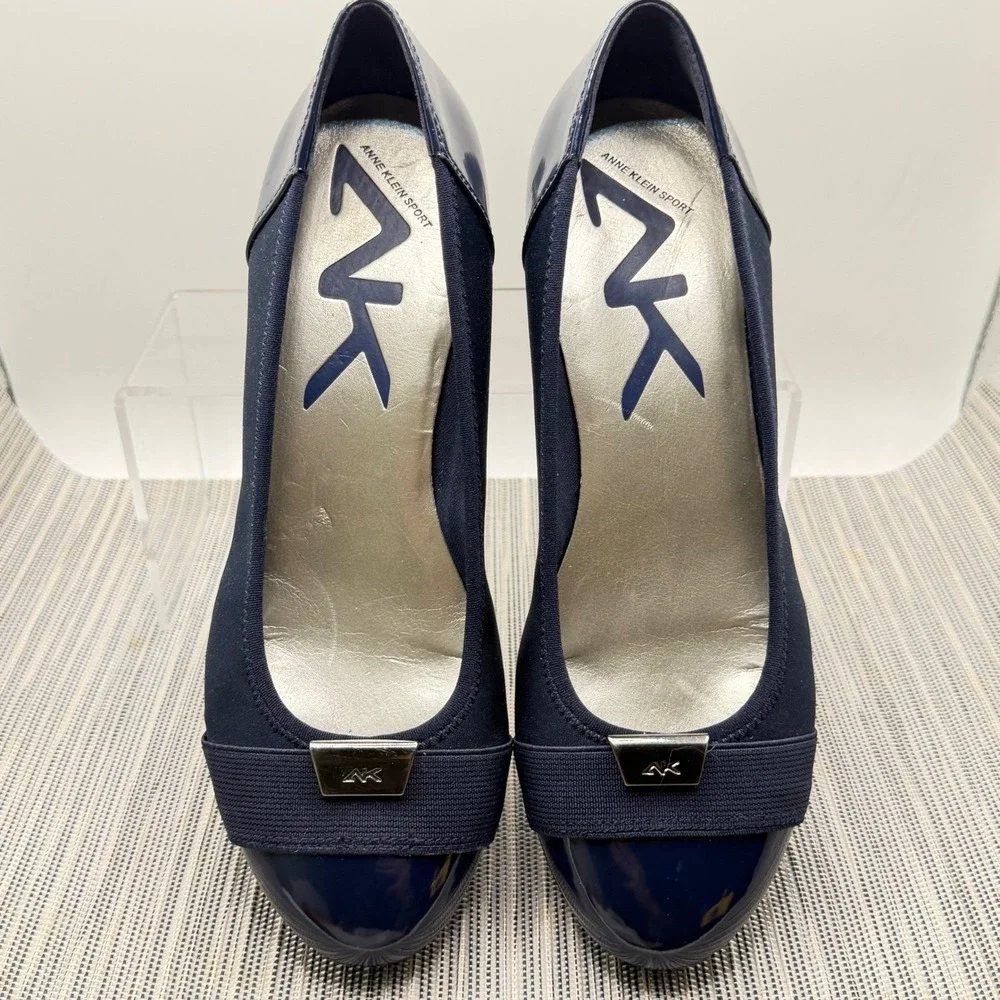 Anne Klein Sport Birta Navy Blue Wedge Pumps Size 6.5 Patent Cap Toe Low Heel